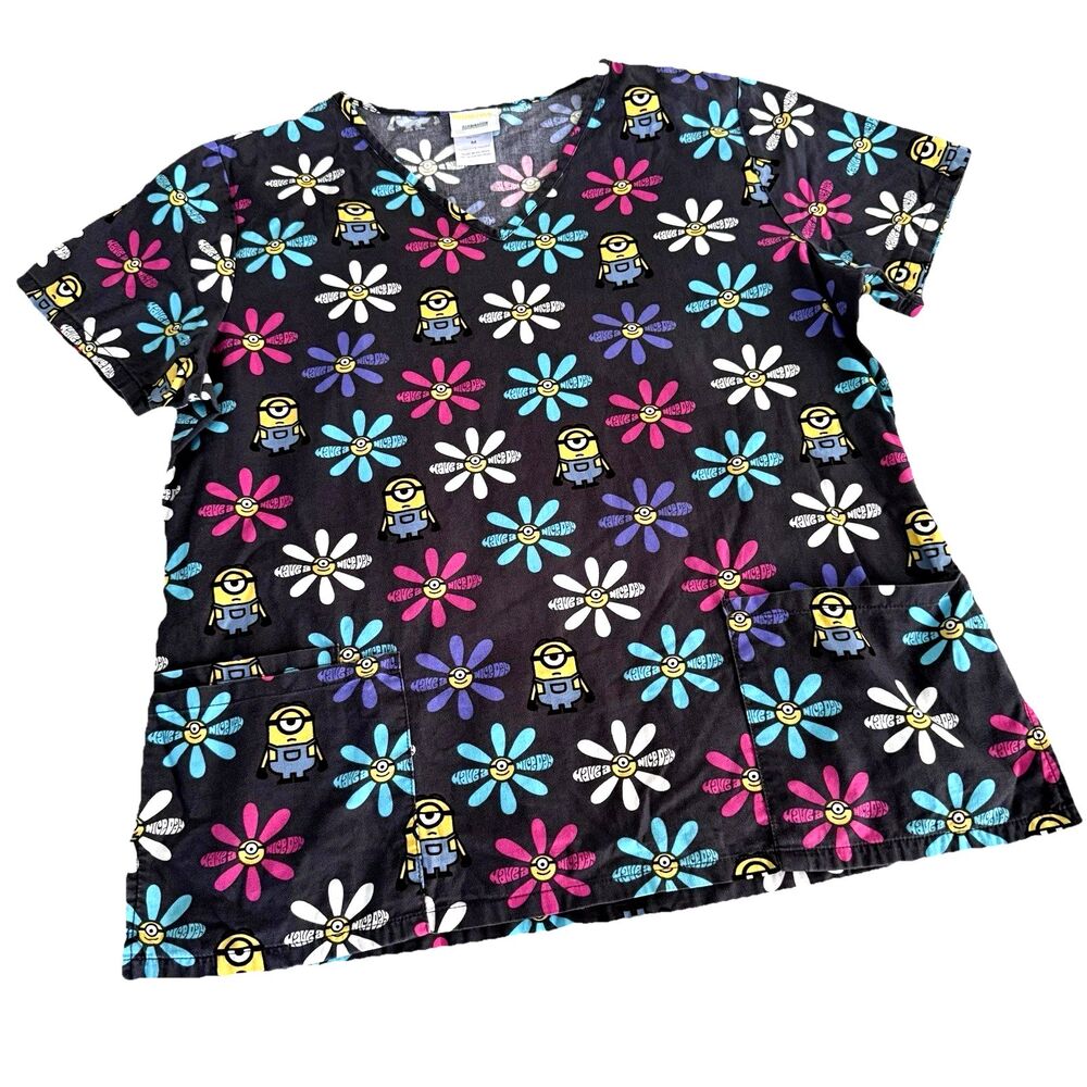 MINIONS V-Neck Scrub Top Shirt Despicable Me Women's Size M Nurse Gray Uniform